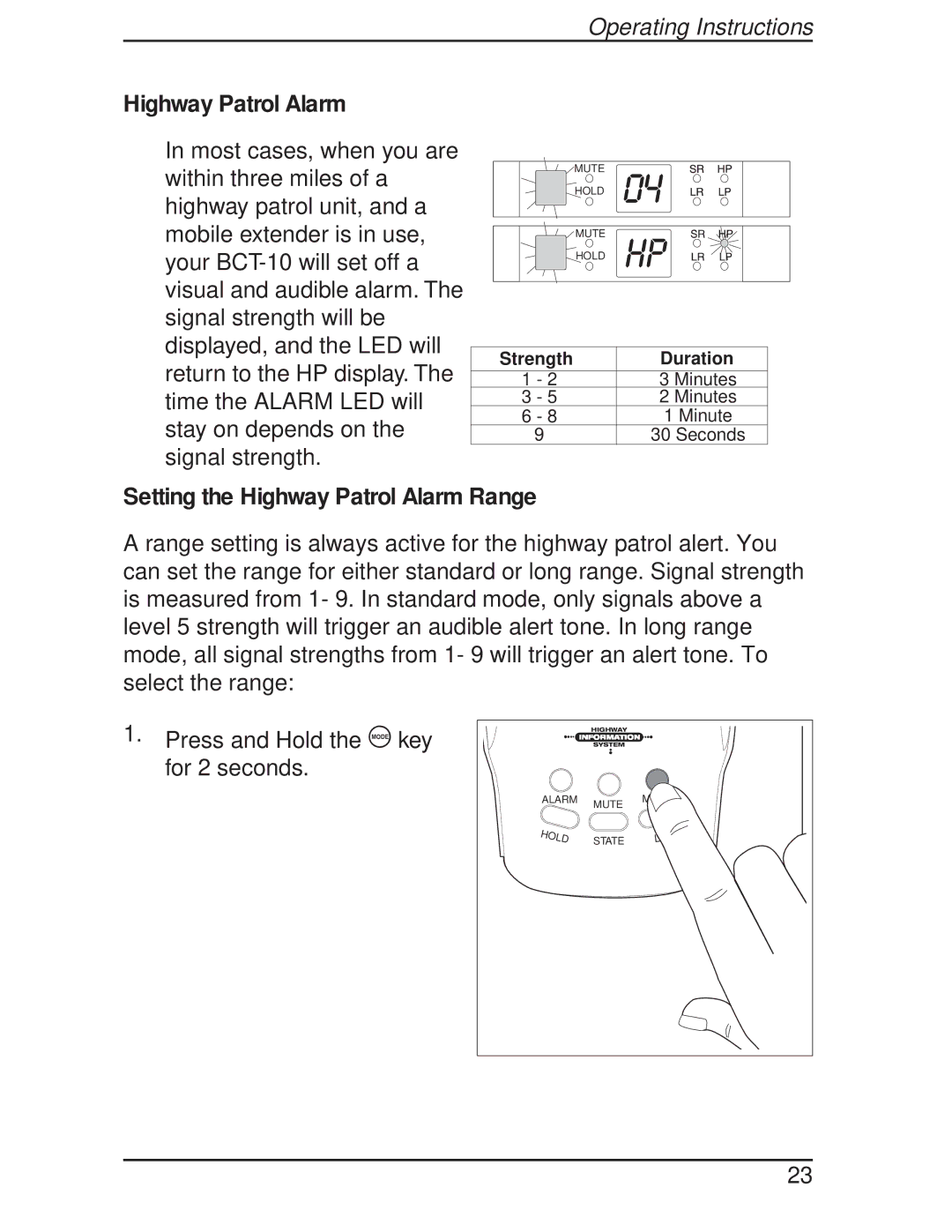 Uniden BCT-10 manual Setting the Highway Patrol Alarm Range 