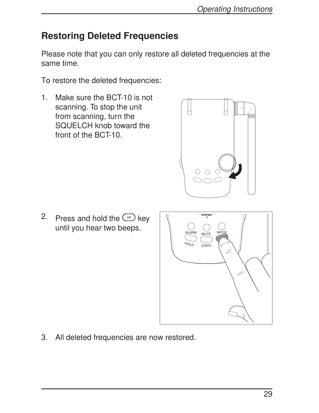 Uniden BCT-10 manual Restoring Deleted Frequencies 