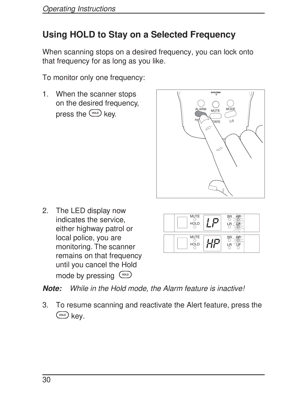 Uniden BCT-10 manual Using Hold to Stay on a Selected Frequency 