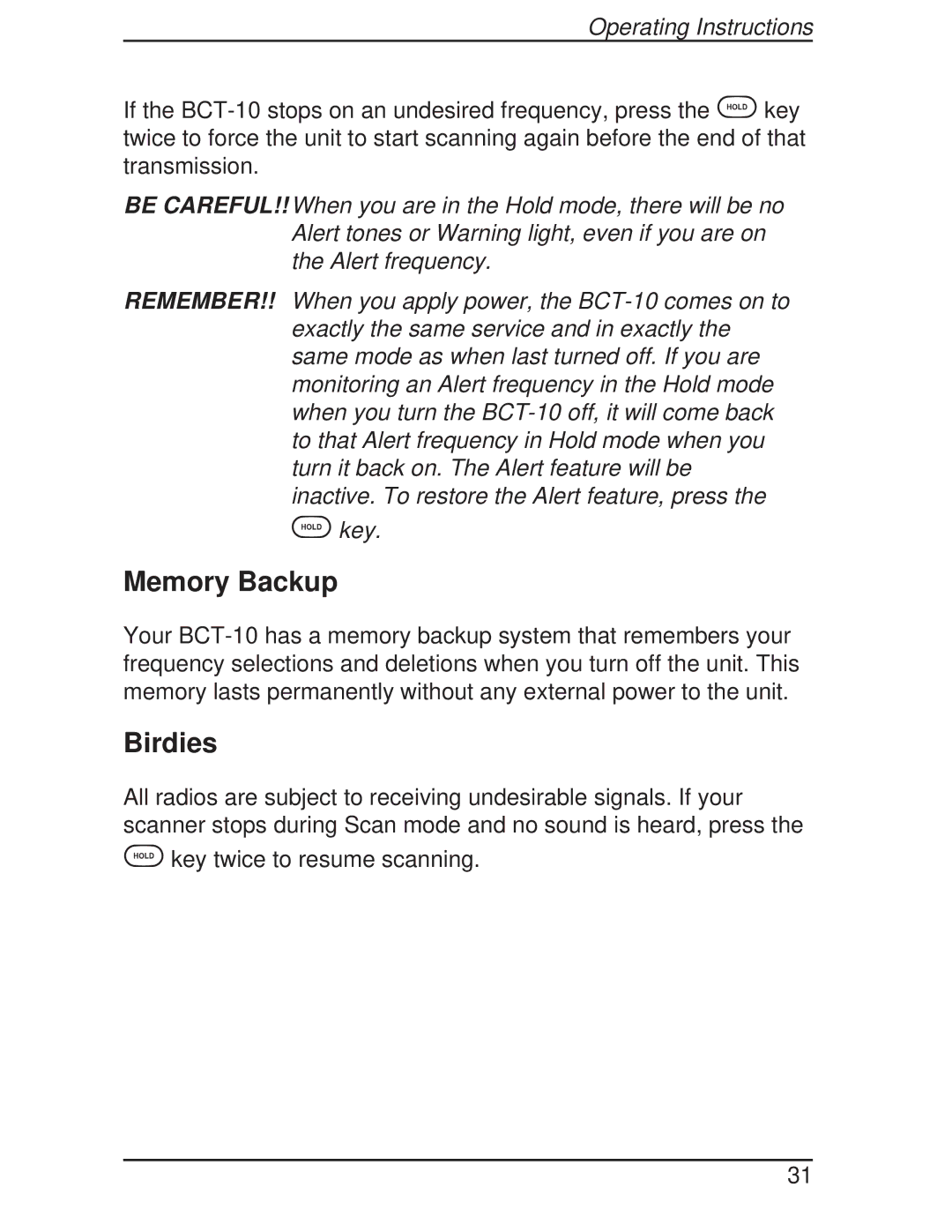 Uniden BCT-10 manual Memory Backup, Birdies 