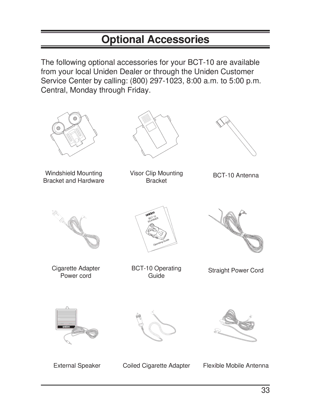 Uniden BCT-10 manual Optional Accessories 