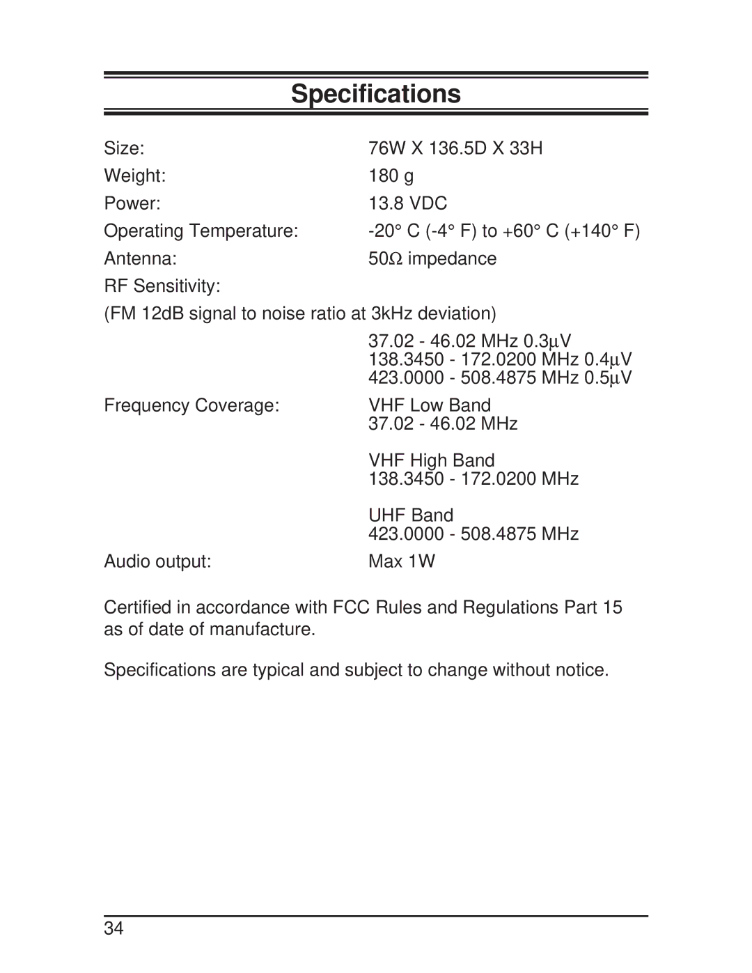 Uniden BCT-10 manual Specifications 