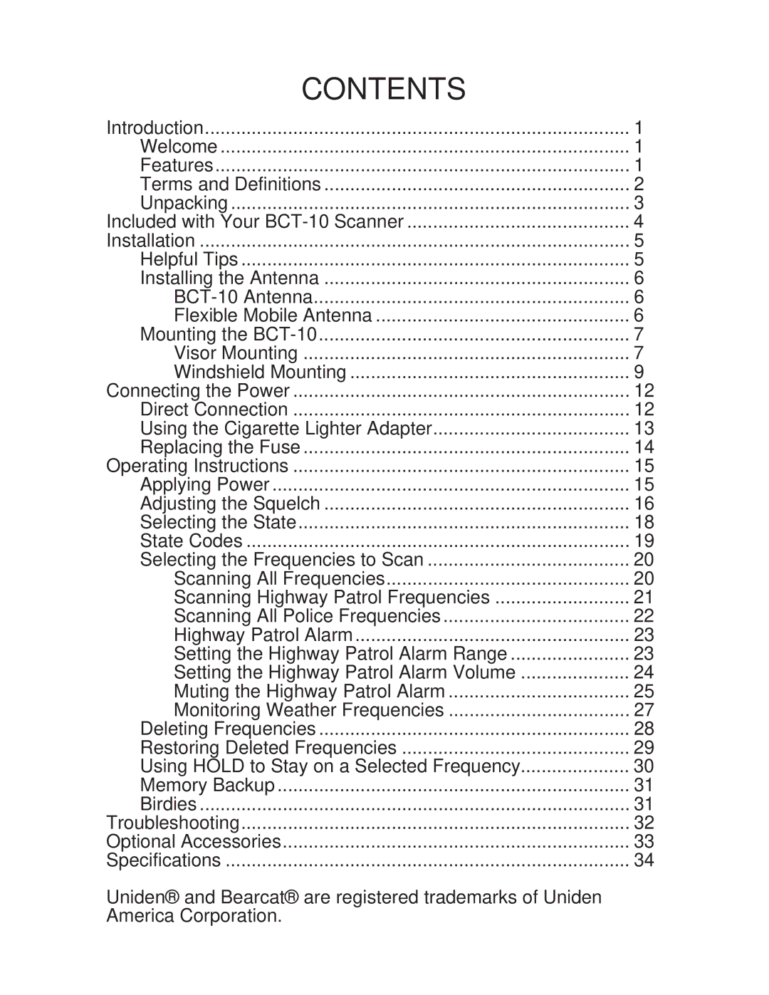 Uniden BCT-10 manual Contents 