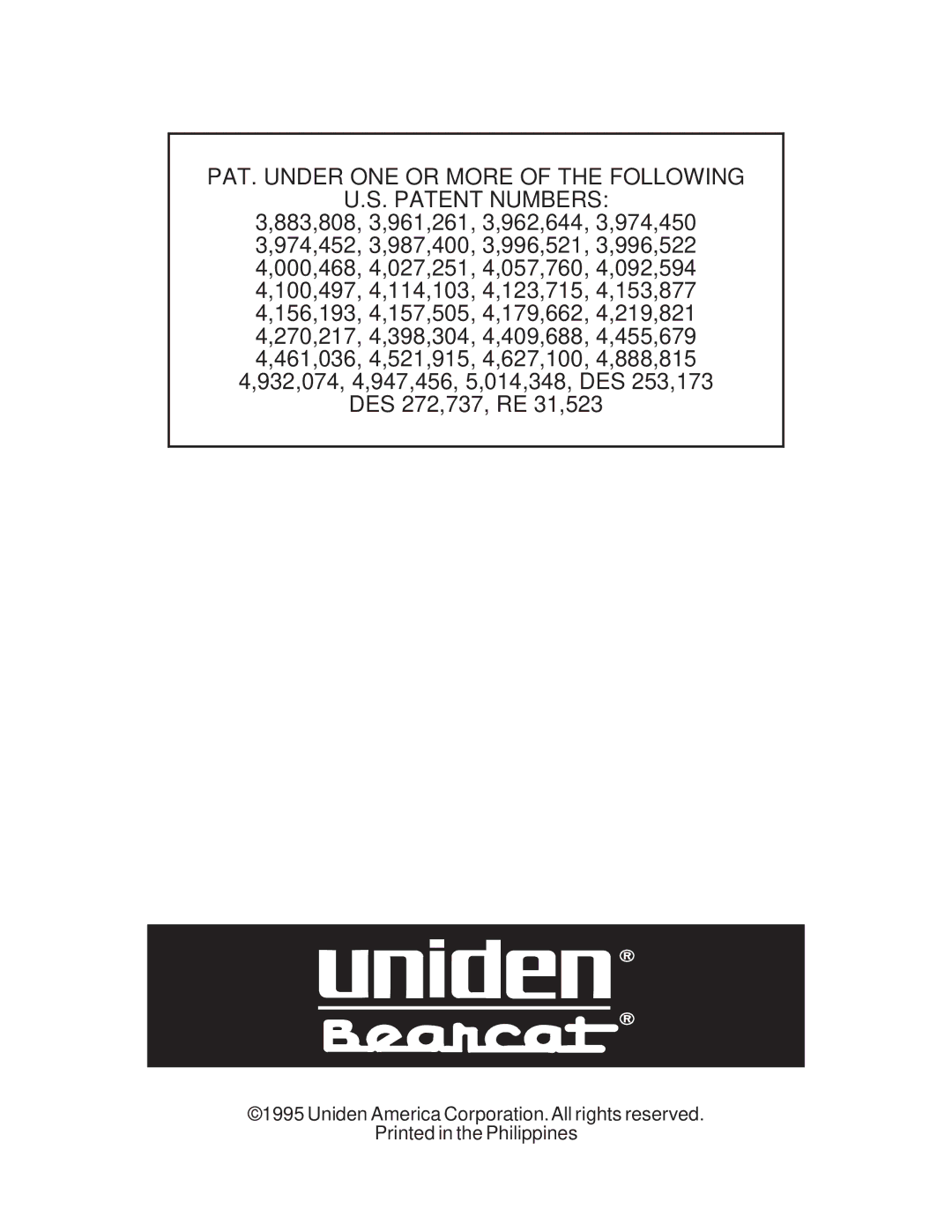 Uniden BCT-10 manual PAT. Under ONE or More of the Following Patent Numbers 