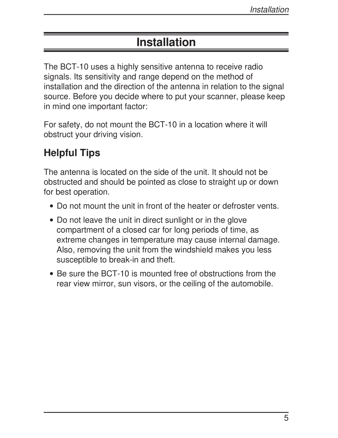 Uniden BCT-10 manual Installation, Helpful Tips 