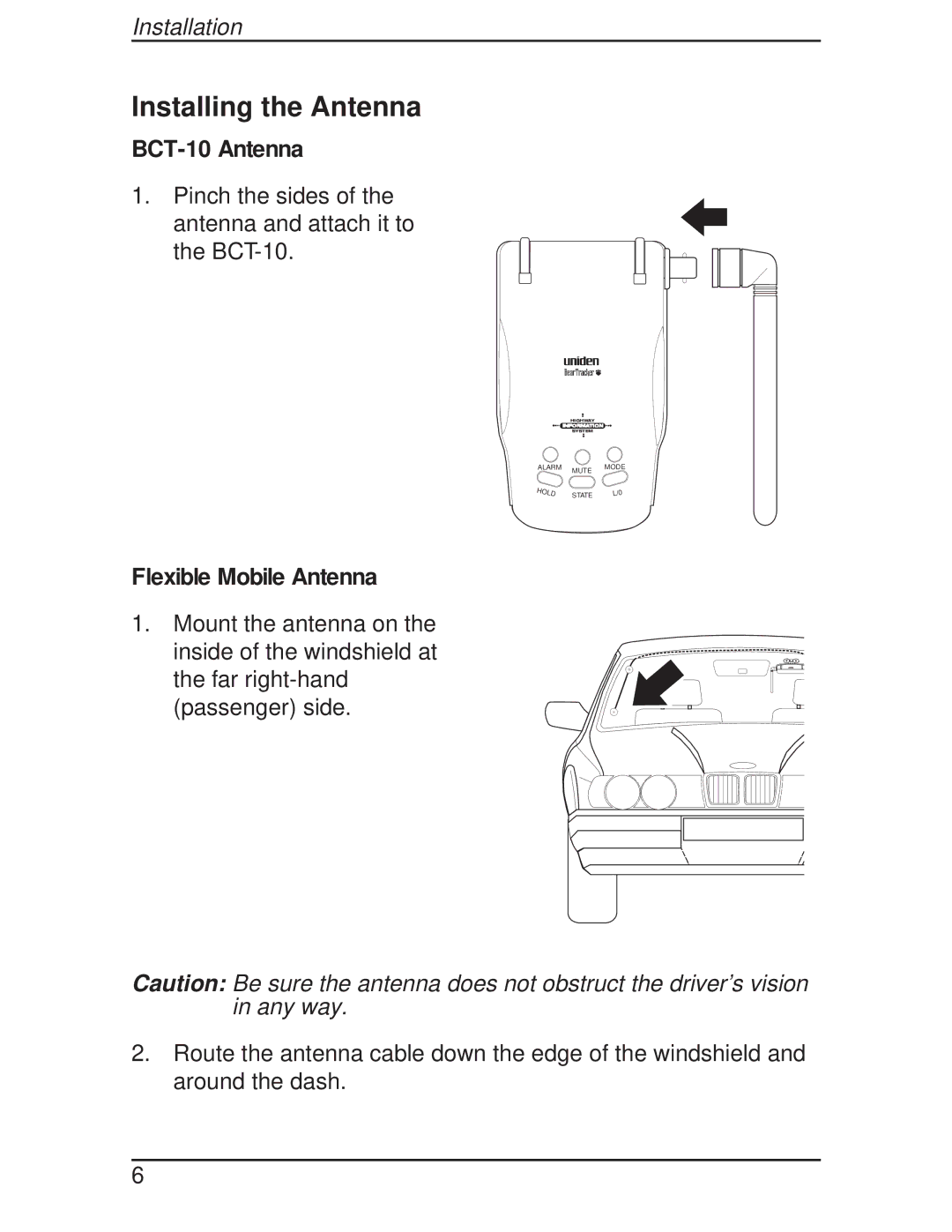 Uniden manual Installing the Antenna, BCT-10 Antenna, Flexible Mobile Antenna 