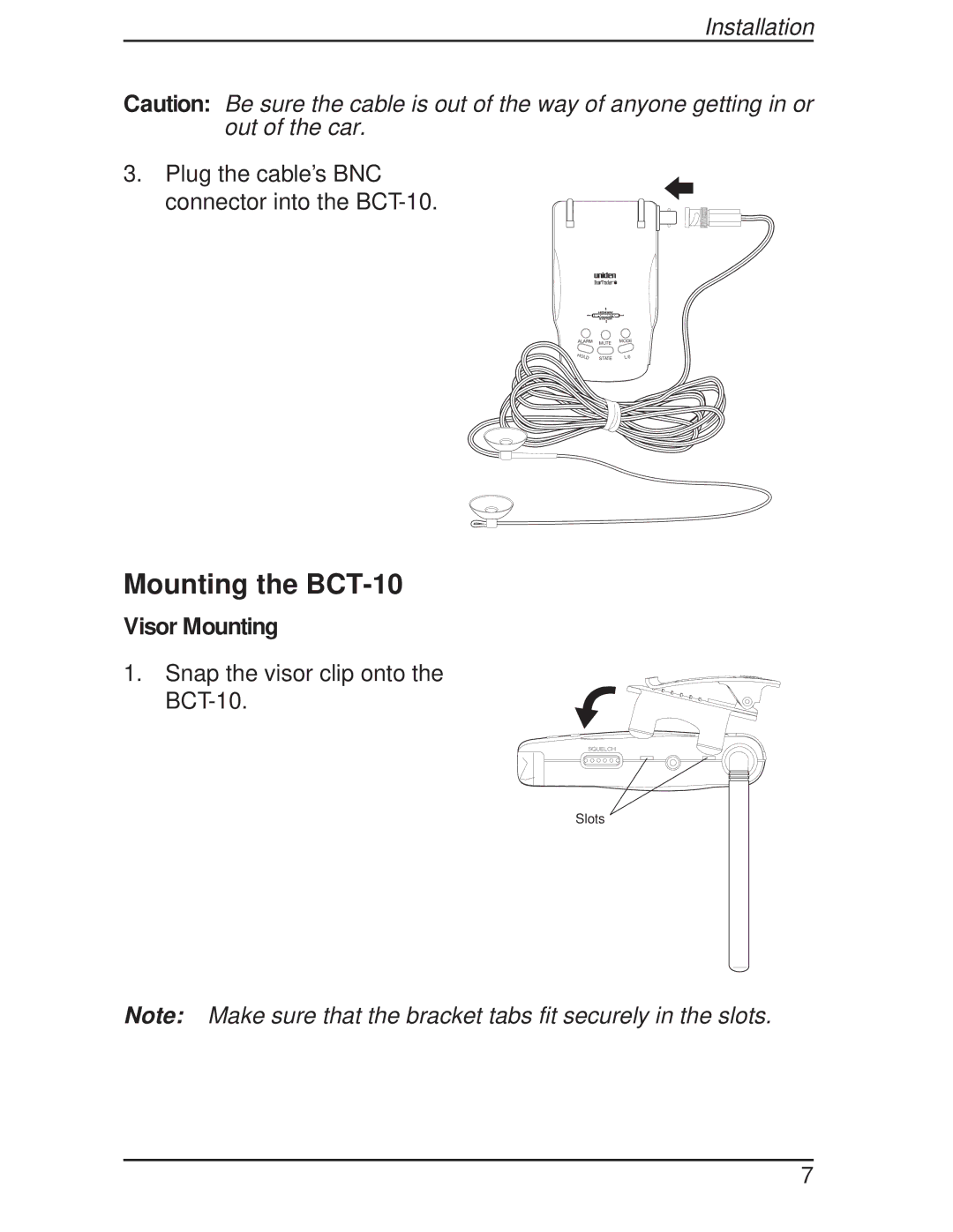 Uniden manual Mounting the BCT-10, Visor Mounting 