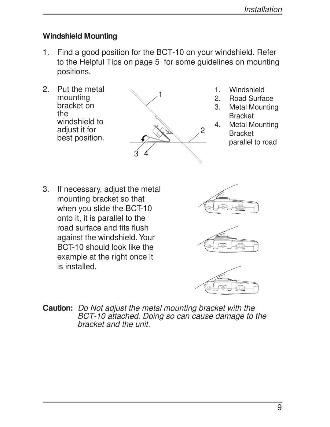 Uniden BCT-10 manual Windshield Mounting 