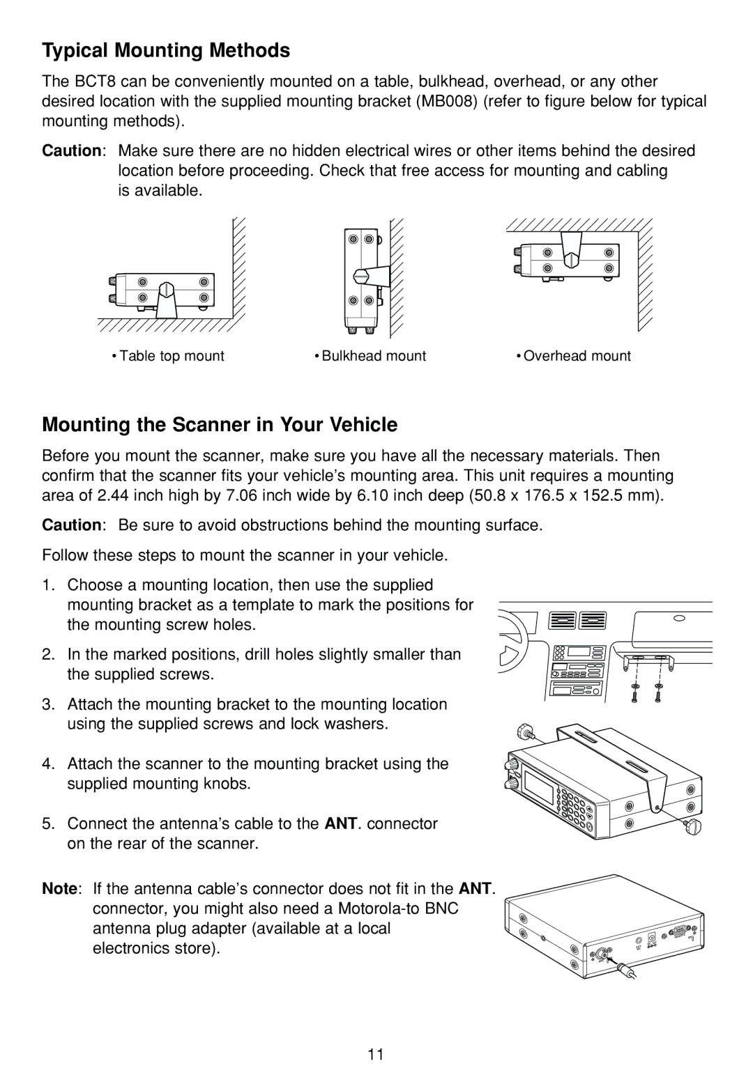 Uniden BCT-8 manual Typical Mounting Methods, Mounting the Scanner in Your Vehicle, Supplied mounting knobs 