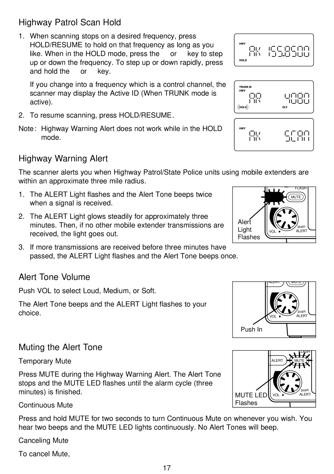 Uniden BCT-8 manual Highway Patrol Scan Hold, Highway Warning Alert, Alert Tone Volume, Muting the Alert Tone 