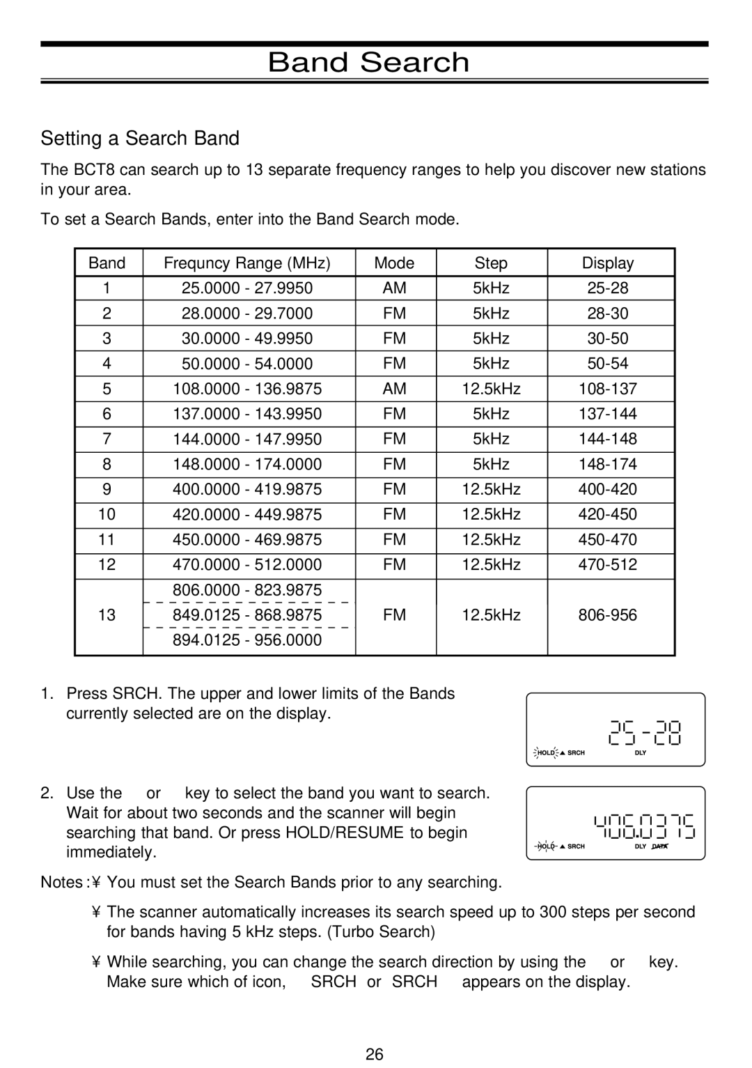 Uniden BCT-8 manual Band Search, Setting a Search Band 