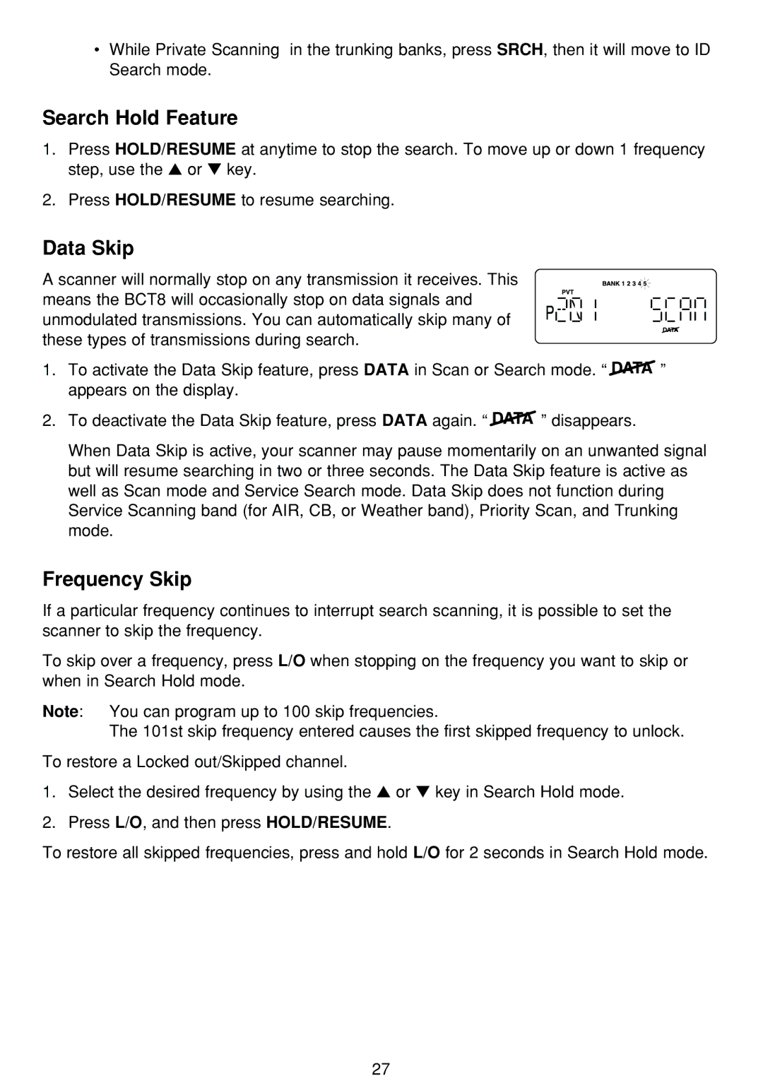 Uniden BCT-8 manual Search Hold Feature, Data Skip, Frequency Skip 