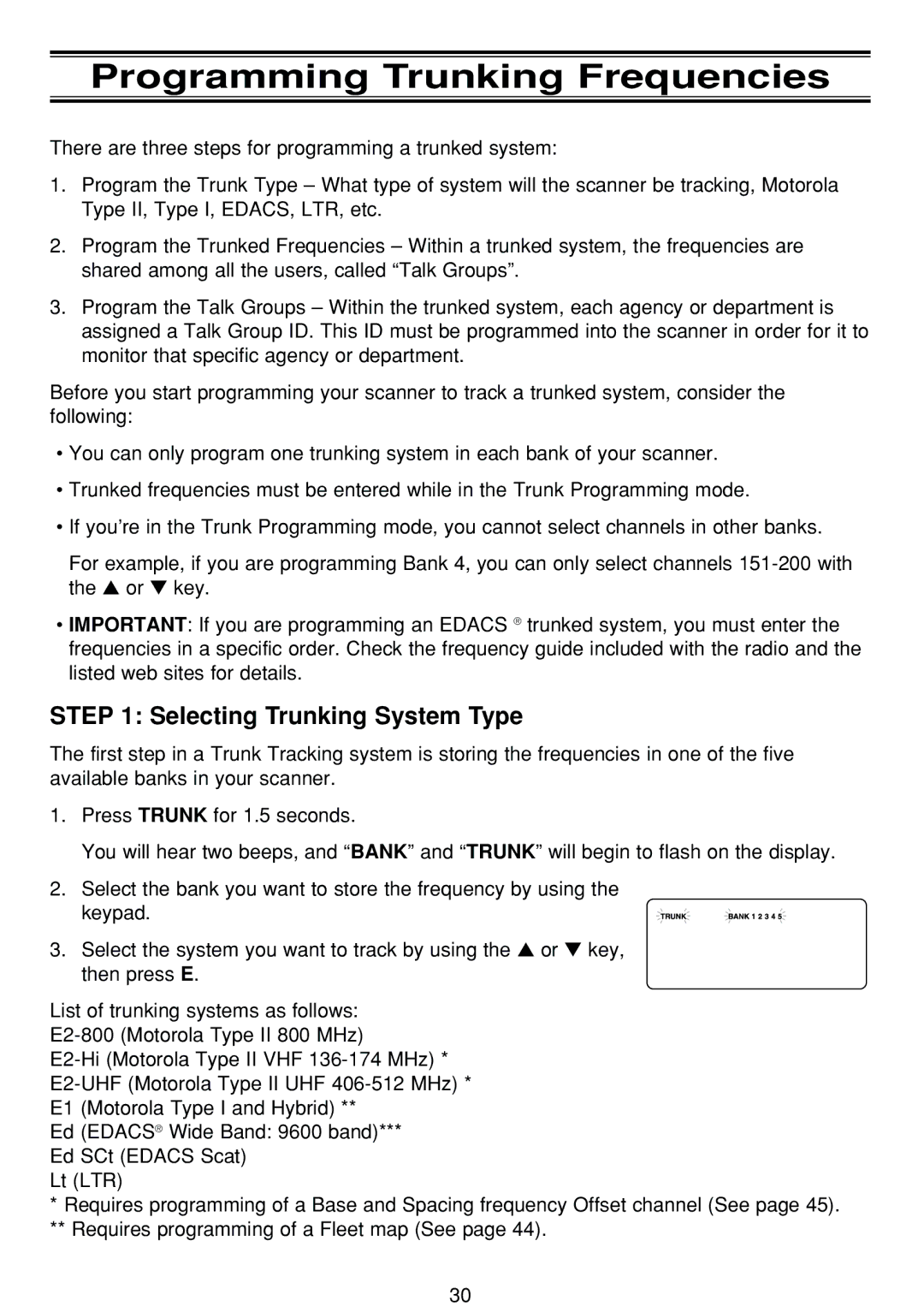 Uniden BCT-8 manual Programming Trunking Frequencies, Selecting Trunking System Type 