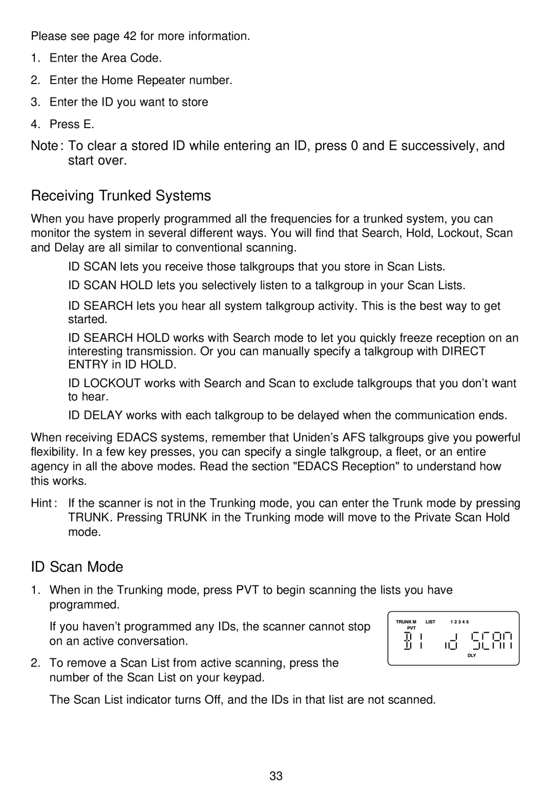 Uniden BCT-8 manual Receiving Trunked Systems, ID Scan Mode 