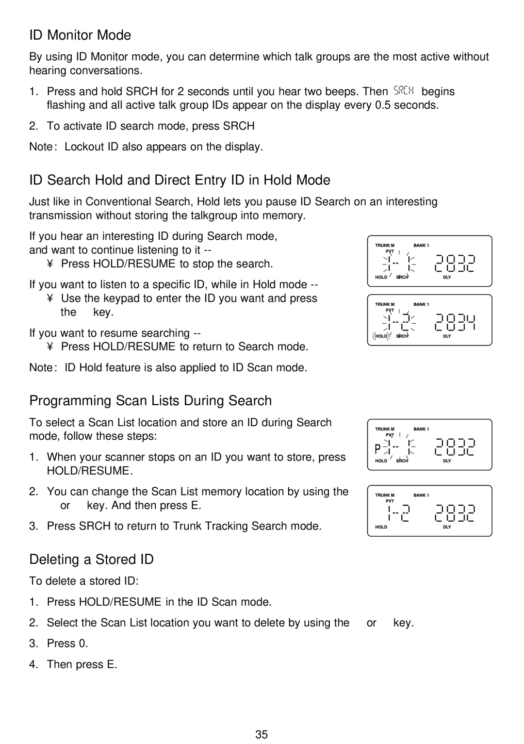 Uniden BCT-8 manual ID Monitor Mode, ID Search Hold and Direct Entry ID in Hold Mode, Programming Scan Lists During Search 