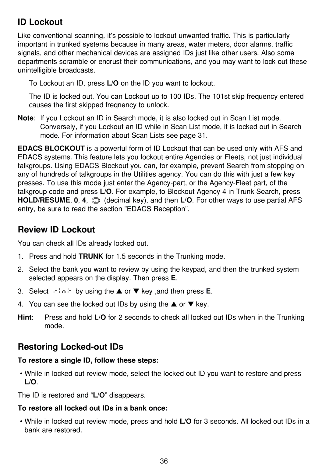 Uniden BCT-8 manual Review ID Lockout, Restoring Locked-out IDs, To restore a single ID, follow these steps 