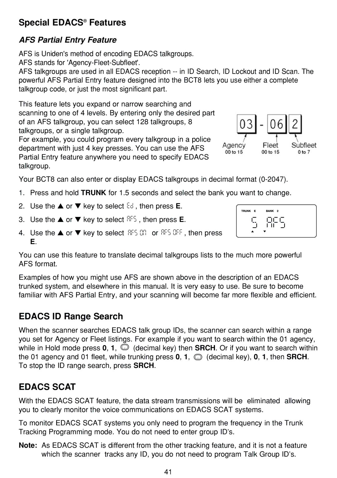 Uniden BCT-8 manual Special Edacs Features, Edacs ID Range Search 