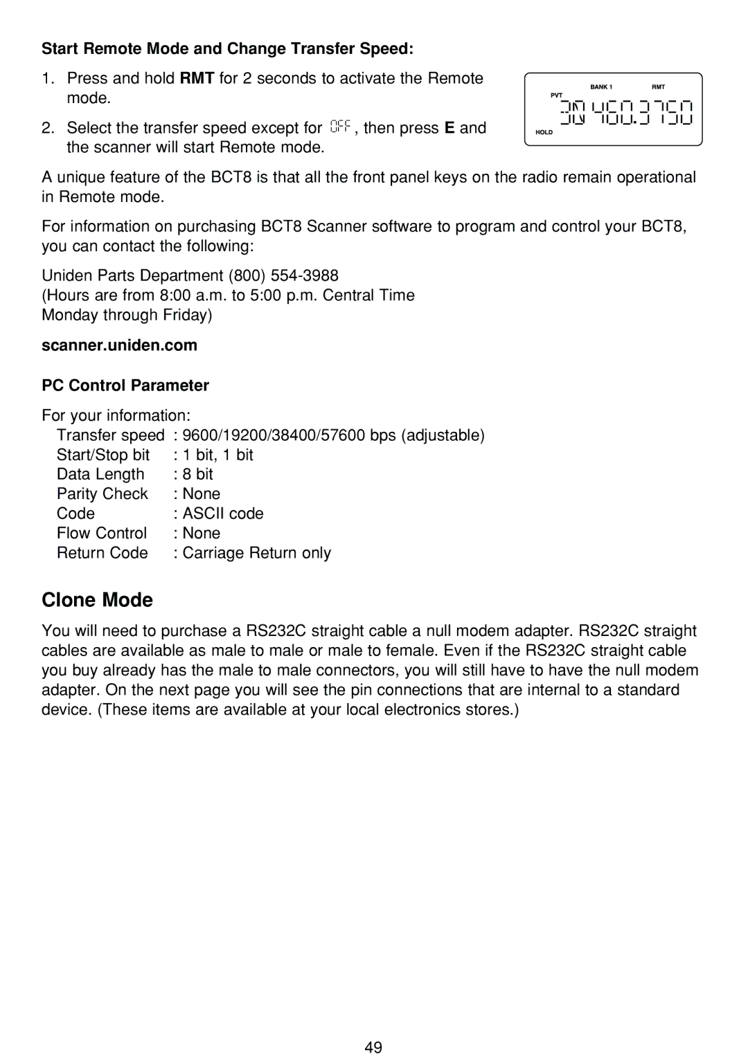 Uniden BCT-8 manual Clone Mode, Start Remote Mode and Change Transfer Speed, Scanner.uniden.com PC Control Parameter 