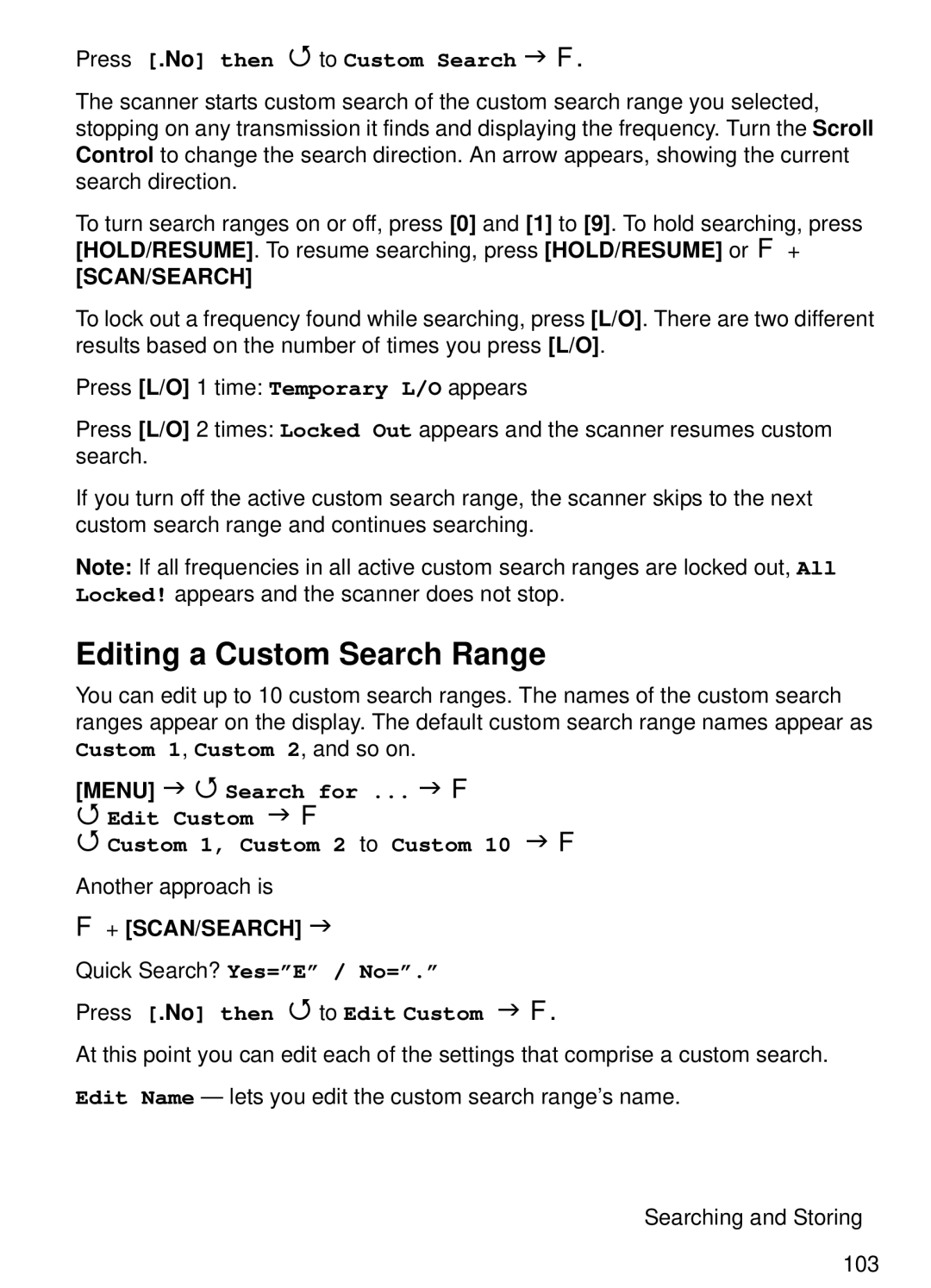 Uniden BCT15 manual Editing a Custom Search Range, Press .No then To Custom Search F 