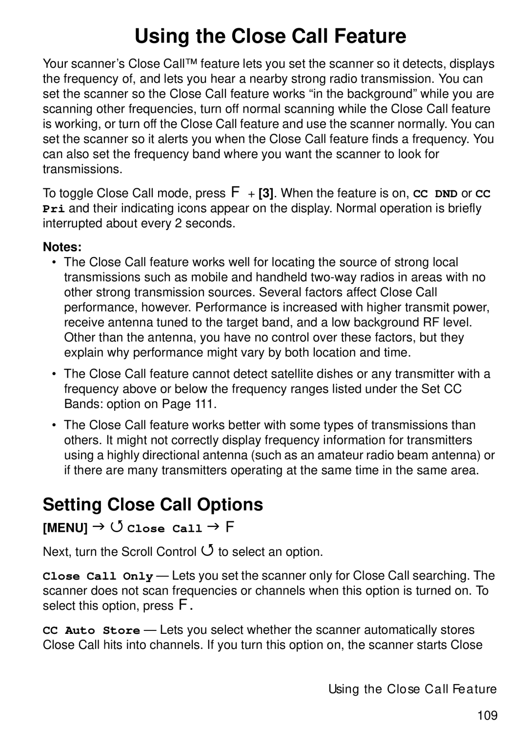 Uniden BCT15 manual Using the Close Call Feature, Setting Close Call Options 