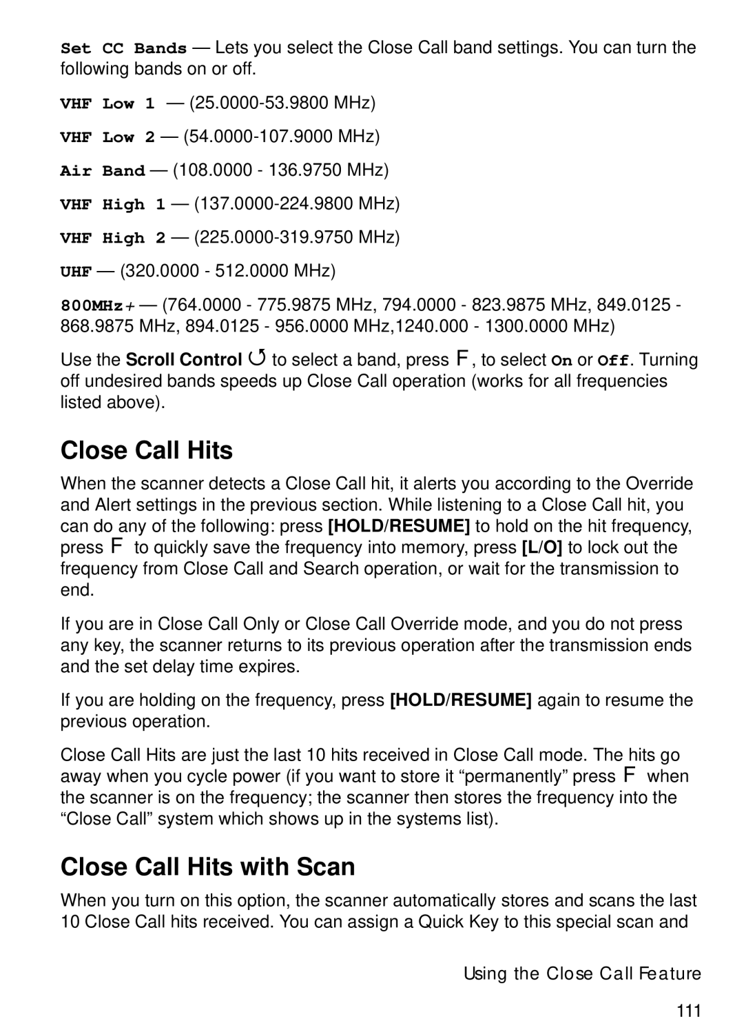 Uniden BCT15 manual Close Call Hits with Scan 