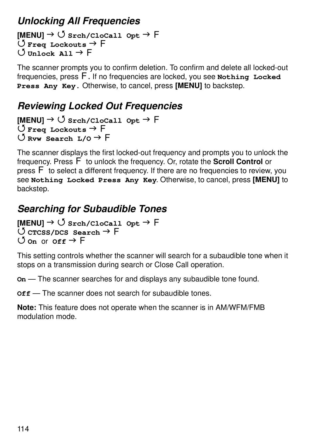 Uniden BCT15 manual Unlocking All Frequencies, Reviewing Locked Out Frequencies, Searching for Subaudible Tones 