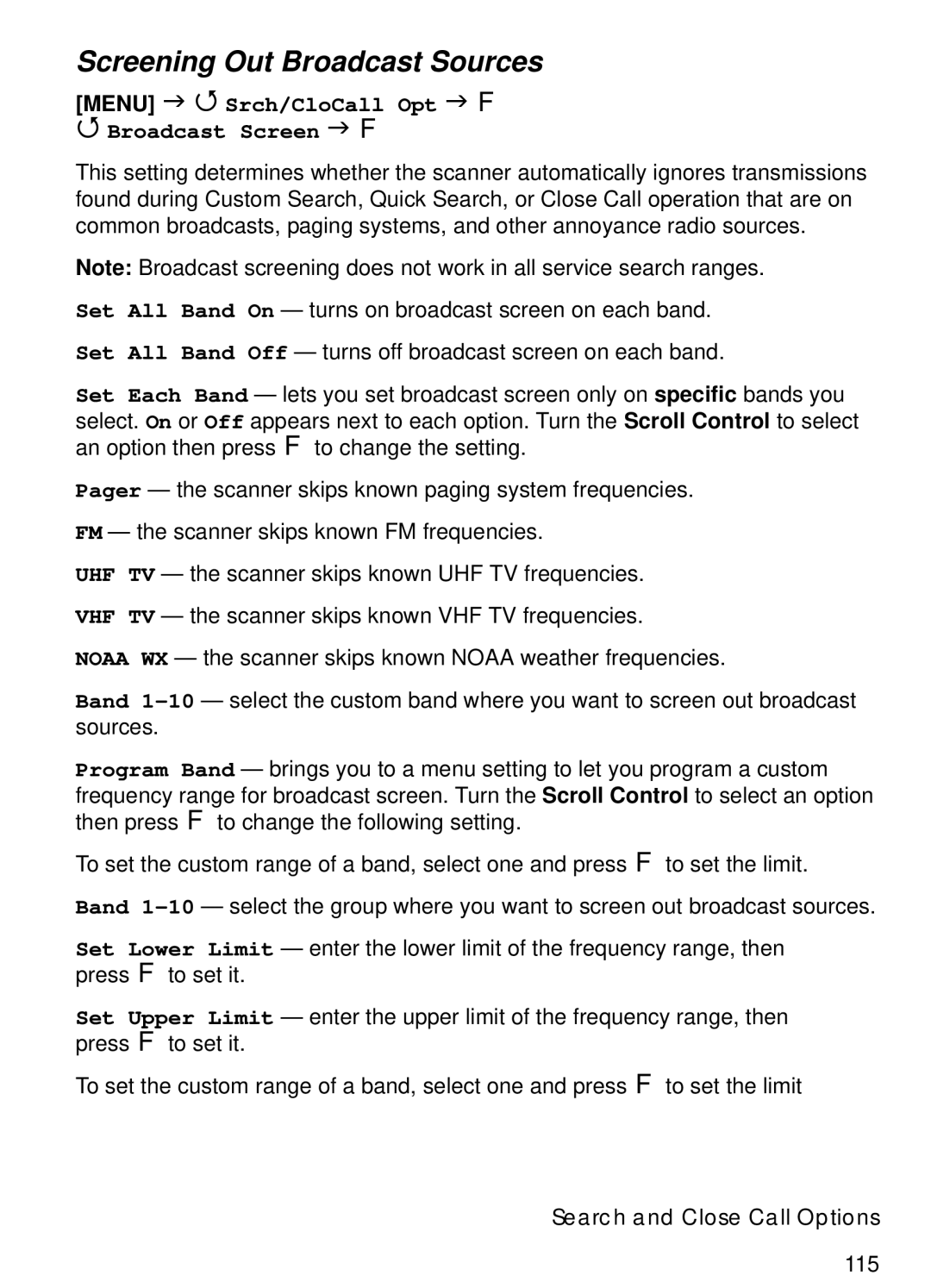 Uniden BCT15 manual Screening Out Broadcast Sources, Broadcast Screen F 