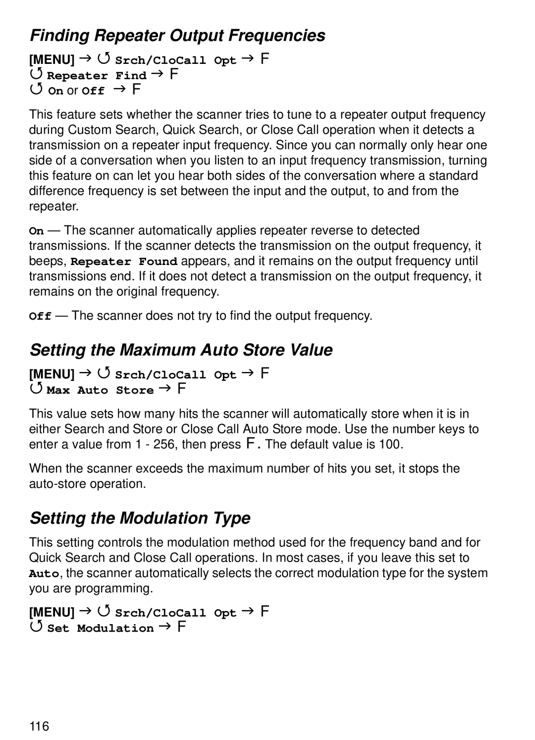 Uniden BCT15 manual Finding Repeater Output Frequencies, Setting the Maximum Auto Store Value, Setting the Modulation Type 