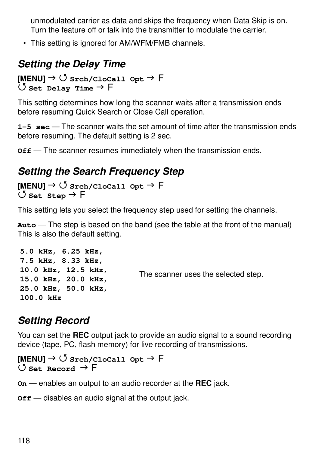 Uniden BCT15 manual Setting the Delay Time, Setting the Search Frequency Step, Setting Record 