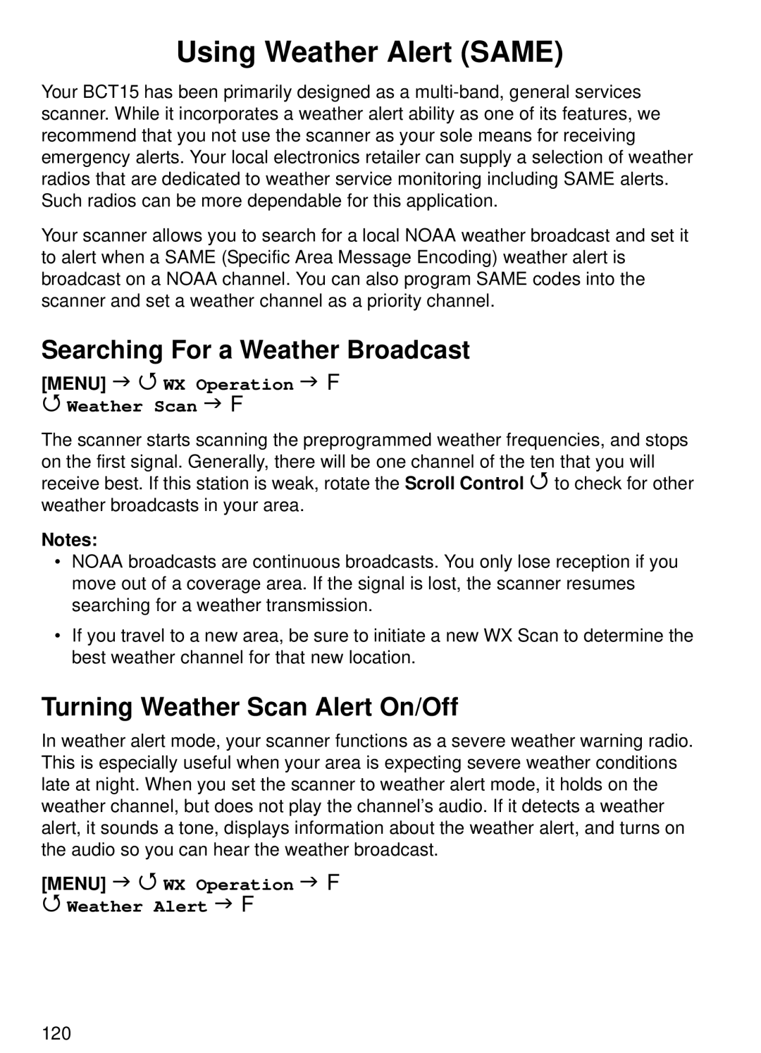 Uniden BCT15 manual Using Weather Alert Same, Searching For a Weather Broadcast, Turning Weather Scan Alert On/Off 