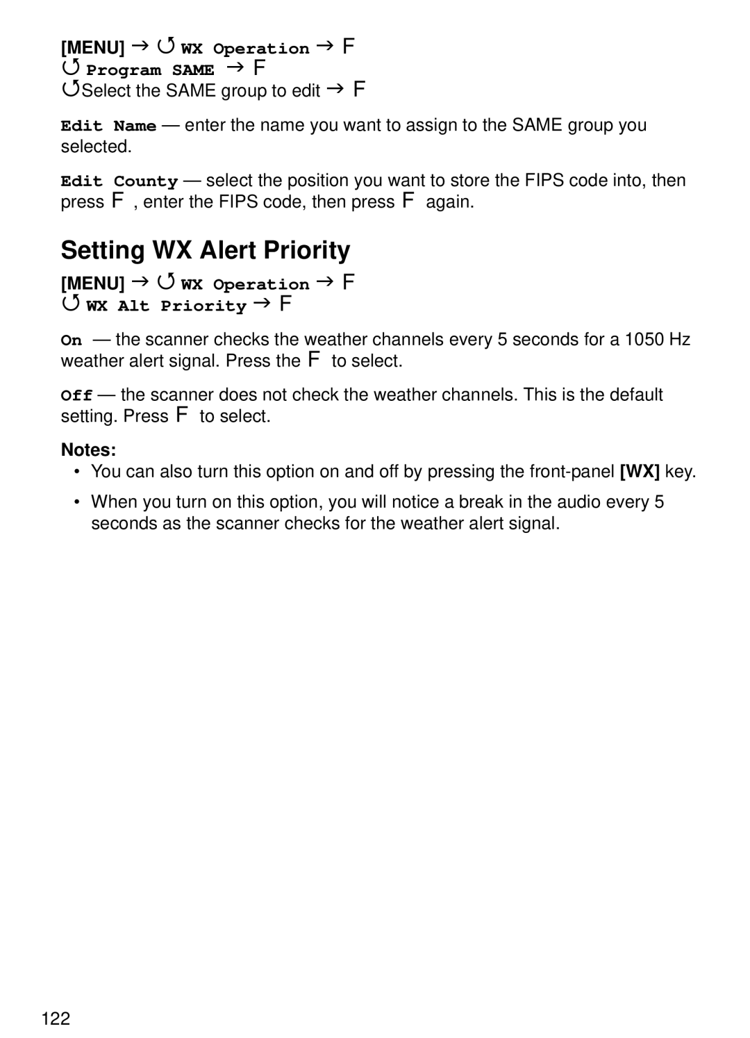 Uniden BCT15 manual Setting WX Alert Priority, WX Operation Program Same, Menu WX Operation F WX Alt Priority F 