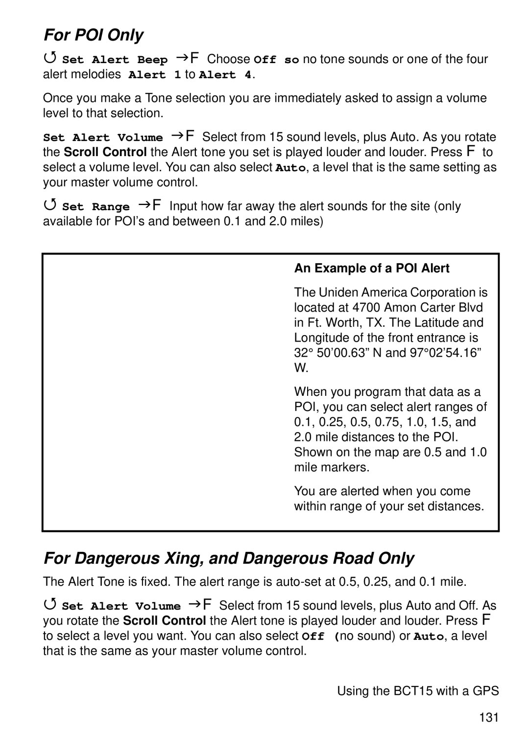 Uniden BCT15 manual For POI Only, For Dangerous Xing, and Dangerous Road Only 