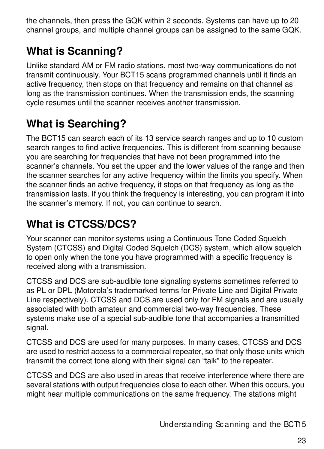 Uniden manual What is Scanning?, What is Searching?, What is CTCSS/DCS?, Understanding Scanning and the BCT15 