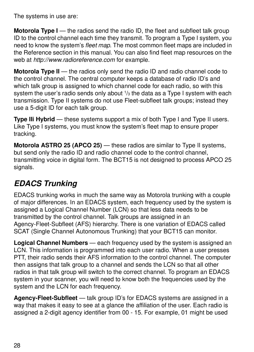 Uniden BCT15 manual Edacs Trunking 