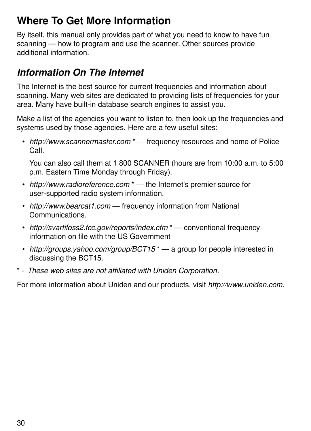 Uniden BCT15 manual Where To Get More Information, Information On The Internet 