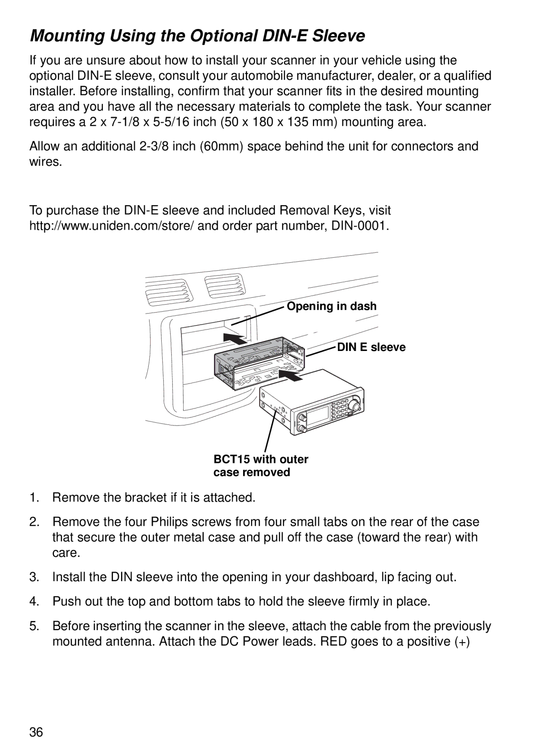 Uniden BCT15 manual Mounting Using the Optional DIN-E Sleeve 