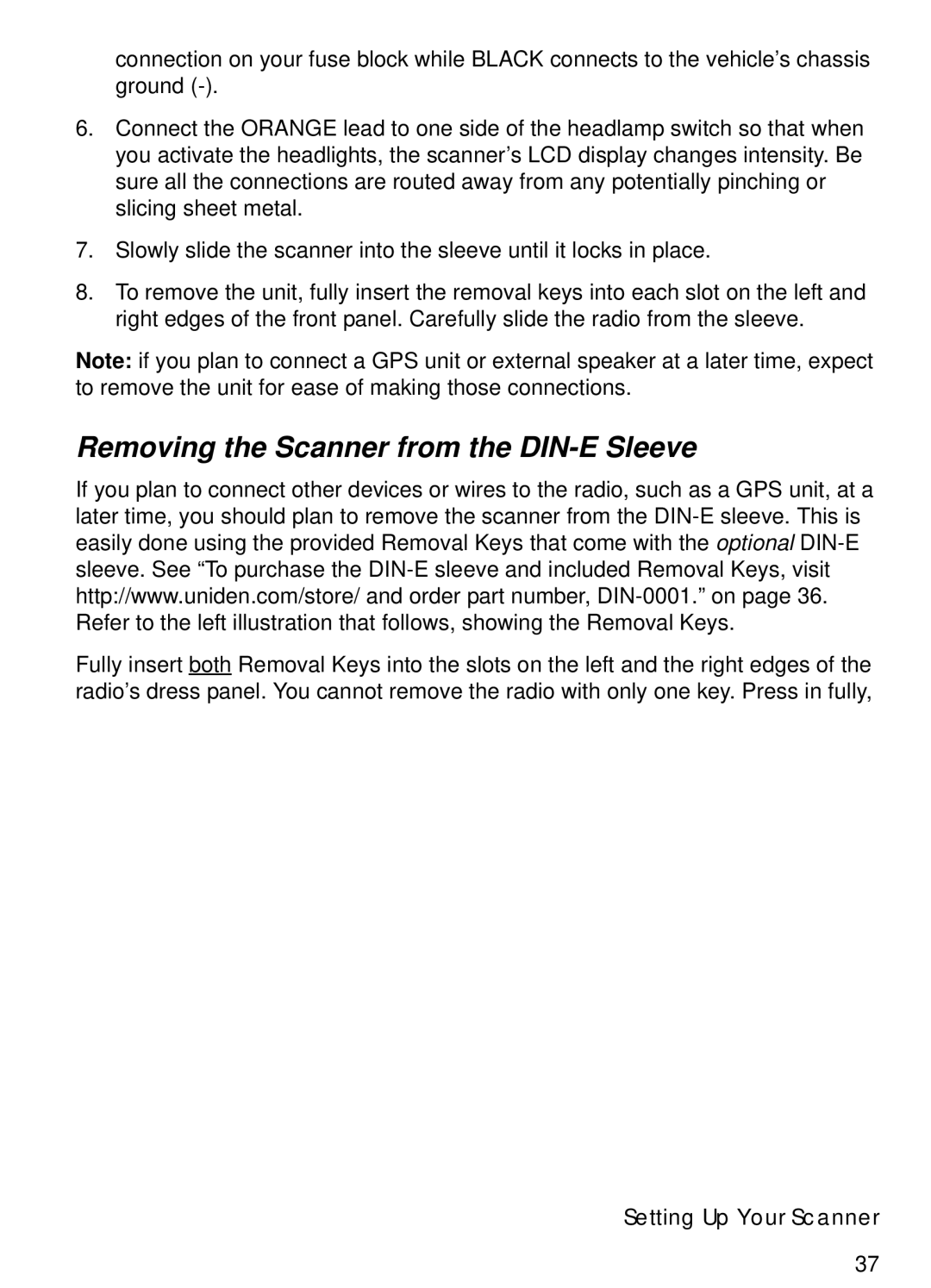 Uniden BCT15 manual Removing the Scanner from the DIN-E Sleeve 