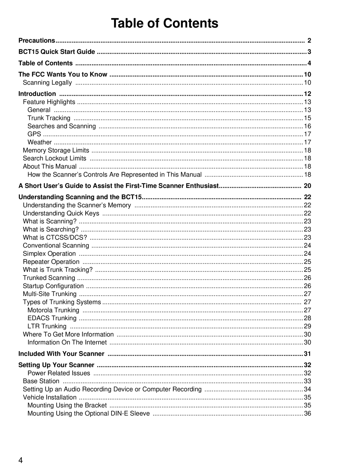 Uniden BCT15 manual Table of Contents 