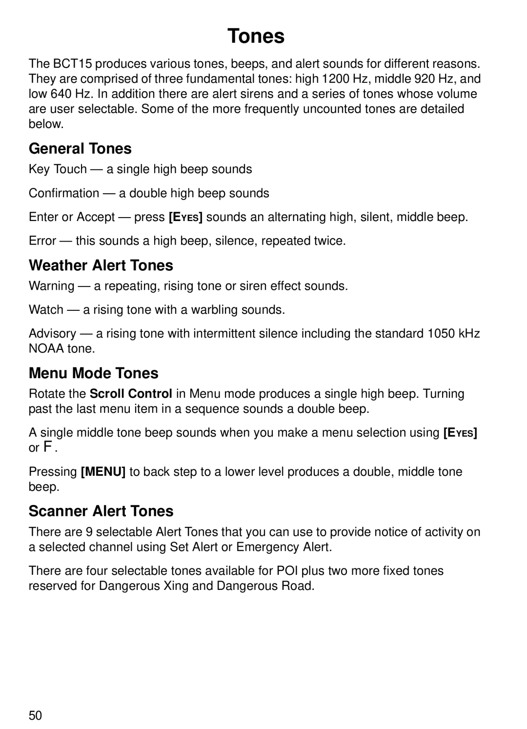 Uniden BCT15 manual General Tones, Weather Alert Tones, Menu Mode Tones, Scanner Alert Tones 