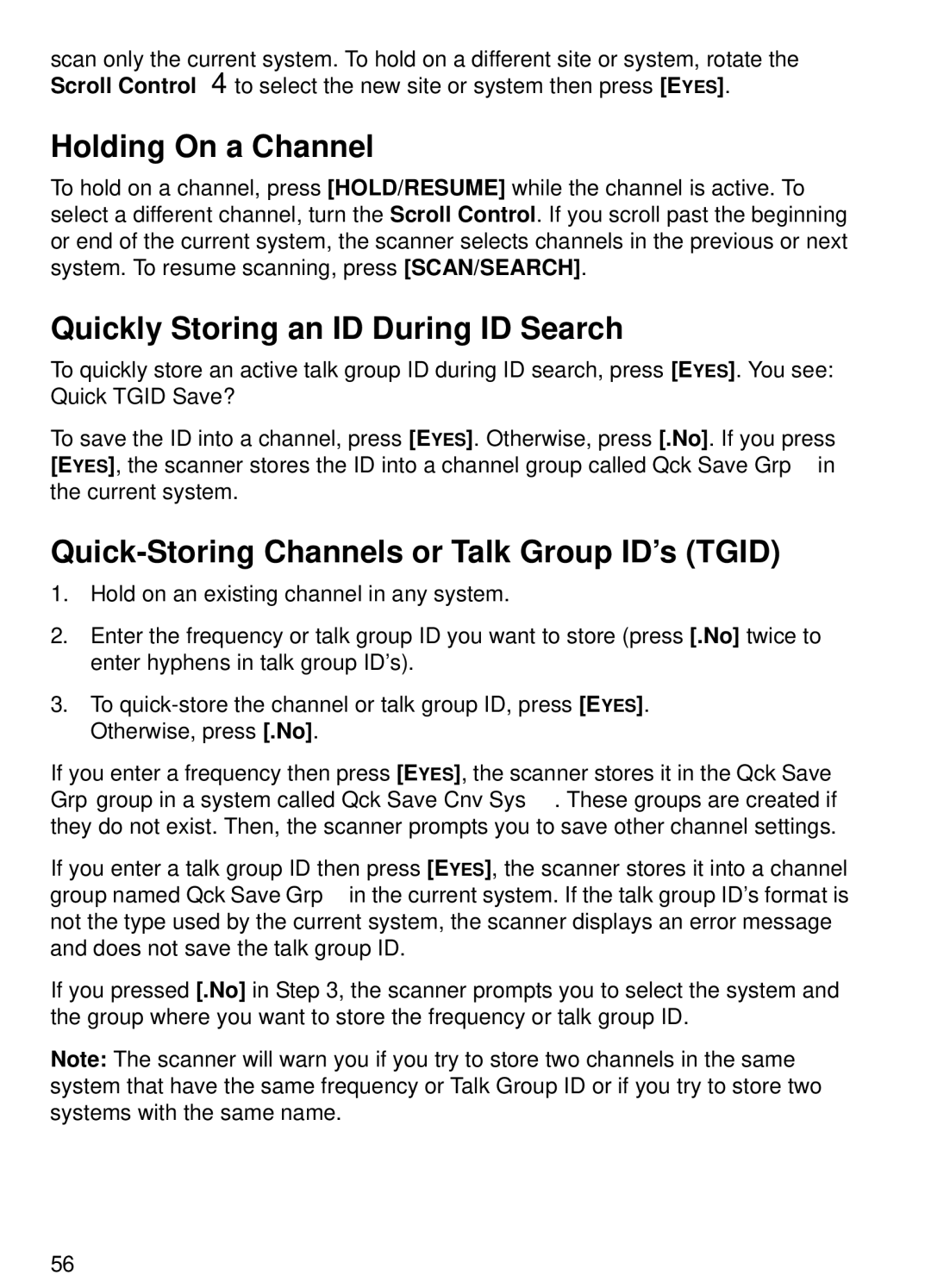 Uniden BCT15 Holding On a Channel, Quickly Storing an ID During ID Search, Quick-Storing Channels or Talk Group ID’s Tgid 