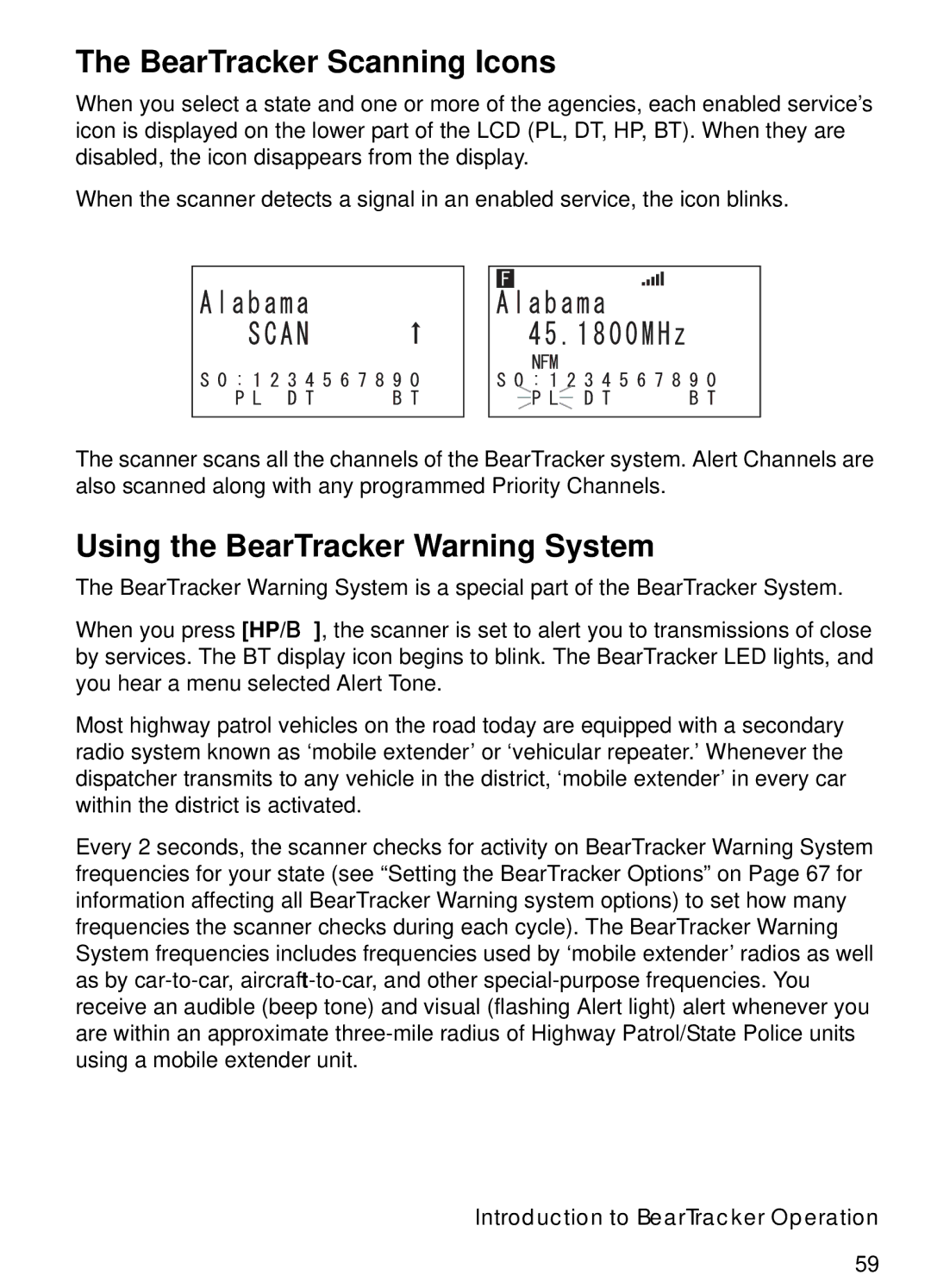 Uniden BCT15 manual BearTracker Scanning Icons, Using the BearTracker Warning System, Introduction to BearTracker Operation 