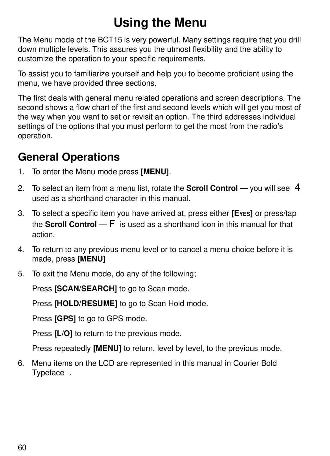 Uniden BCT15 manual Using the Menu, General Operations 