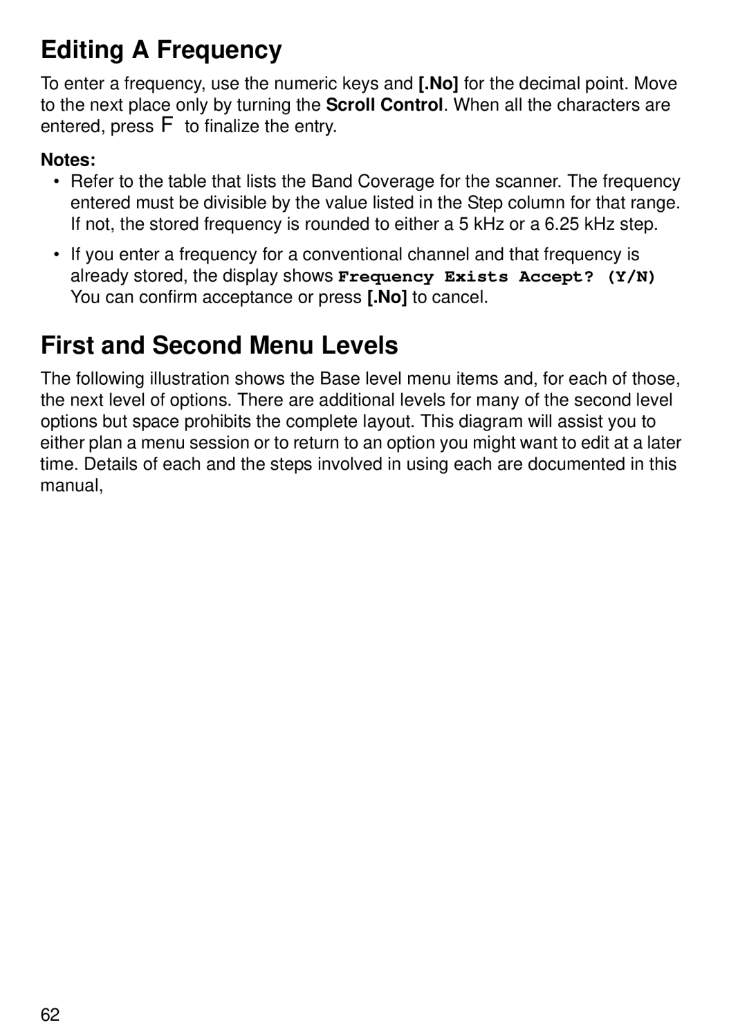 Uniden BCT15 manual Editing a Frequency, First and Second Menu Levels 