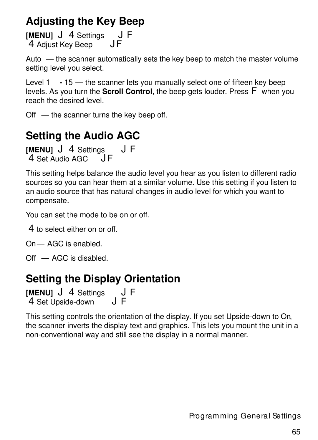 Uniden BCT15 manual Adjusting the Key Beep, Setting the Audio AGC, Setting the Display Orientation 