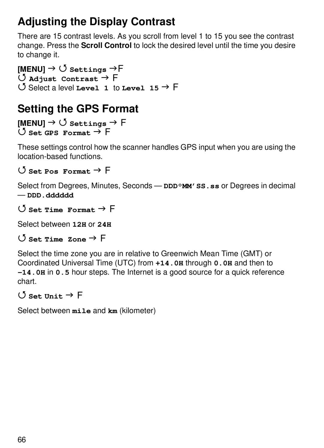 Uniden BCT15 manual Adjusting the Display Contrast, Setting the GPS Format 