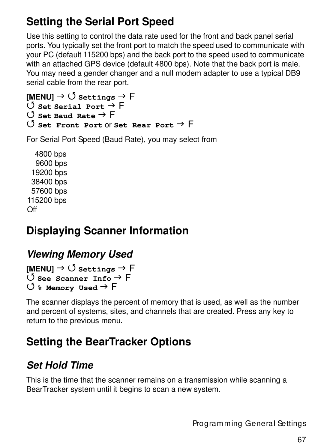 Uniden BCT15 Setting the Serial Port Speed, Displaying Scanner Information, Setting the BearTracker Options, Set Hold Time 