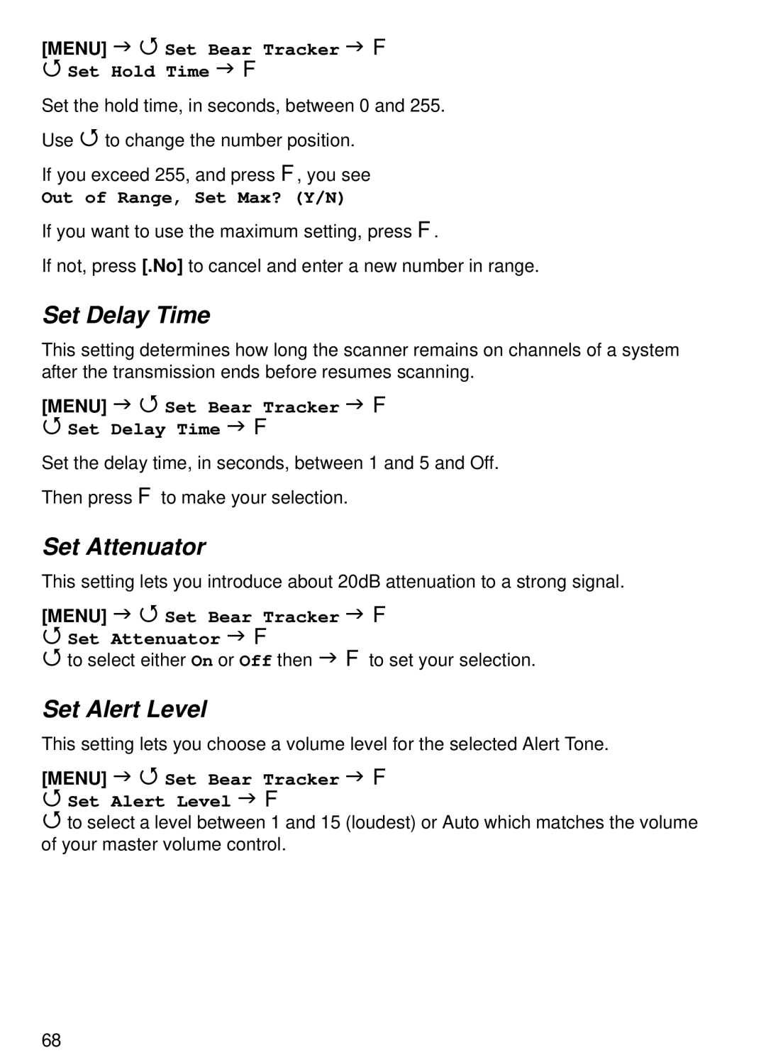 Uniden BCT15 manual Set Delay Time, Set Attenuator, Set Alert Level 