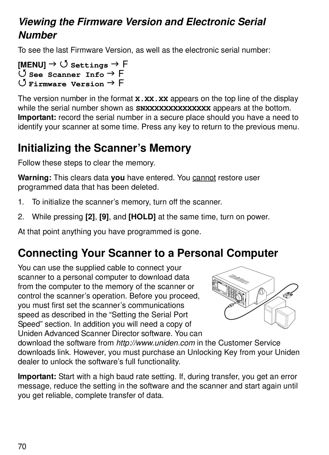 Uniden BCT15 manual Initializing the Scanner’s Memory, Connecting Your Scanner to a Personal Computer 