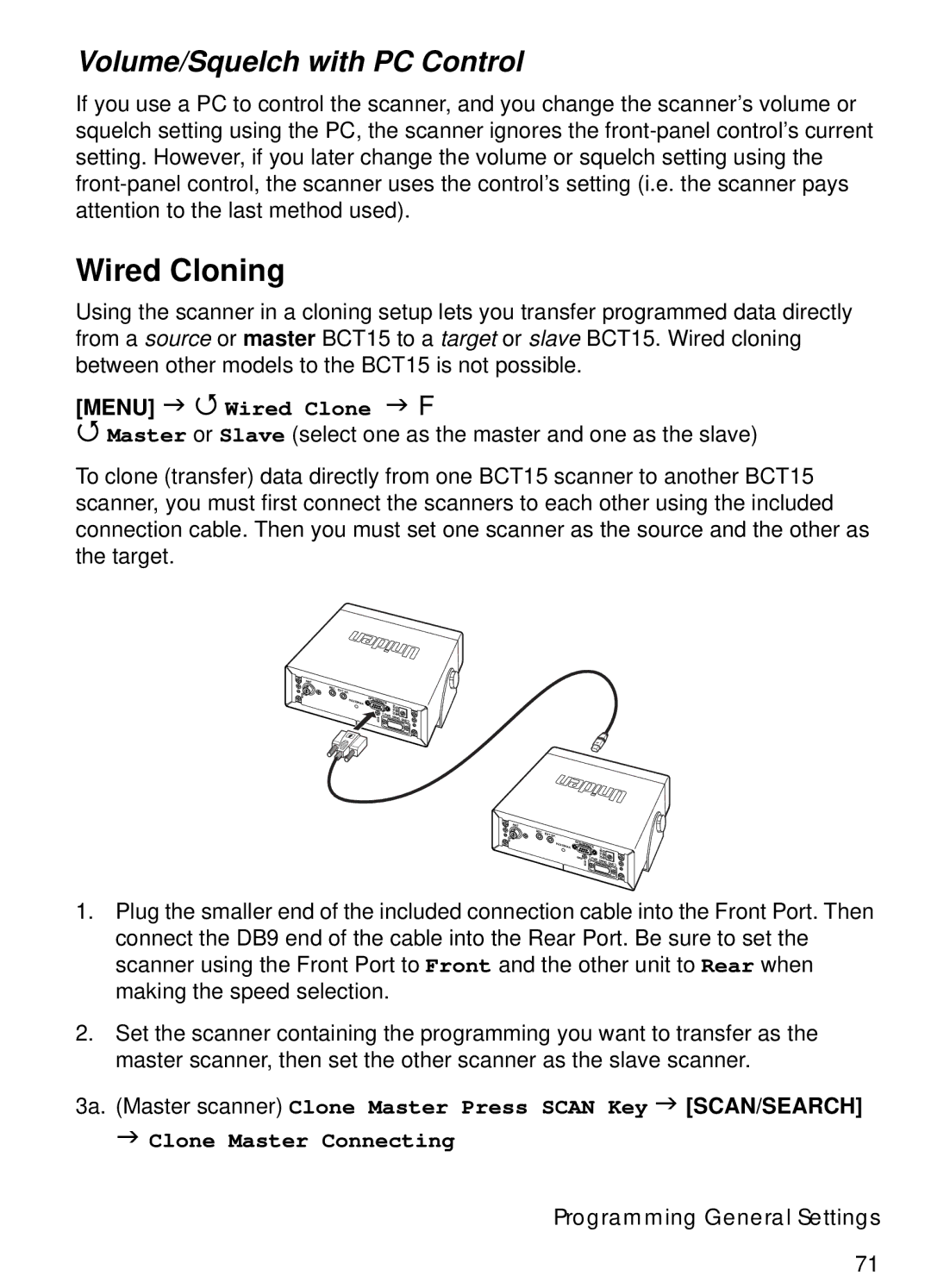 Uniden BCT15 manual Wired Cloning, Volume/Squelch with PC Control, Menu Wired Clone F 