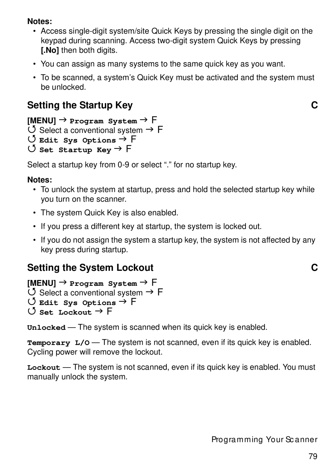 Uniden BCT15 manual Setting the Startup Key, Setting the System Lockout, Edit Sys Options Set Startup Key 